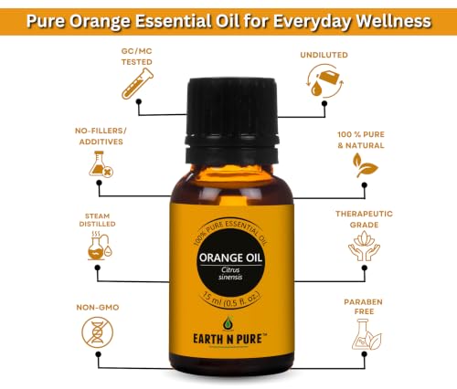 Image of Earth N Pure Orange Essential Oil | 100% Pure & Natural | Steam Distilled & Undiluted | Sweet Orange Oil for Diffuser, Aromatherapy, DIY Skincare, Hair Care & Home Fragrance | 15ml