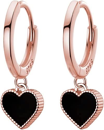 SLUYNZ Solid 925 Sterling Silver Black Heart Hoop Earrings for Women Teens Love Heart Hoop Earrings Huggie