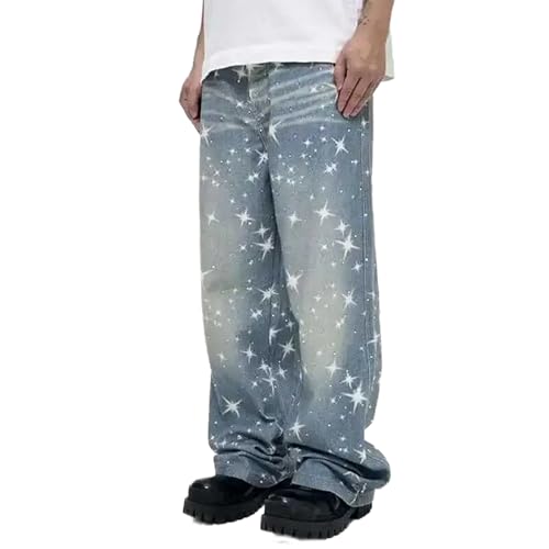 Rhinestone Jeans Men Baggy Y2K Star Print Bedazzled Denim Pants Wide Leg Streetwear Bling Bottoms Glitter Washed 2000s