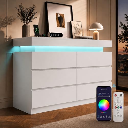 OneBlis 6 Drawer Dresser with LED Lights & Charging Station Modern Floating White Dresser for Bedroom Smart Storage Chest with 2 AC Outlets & USB Ports for Living Room Closet Entryway