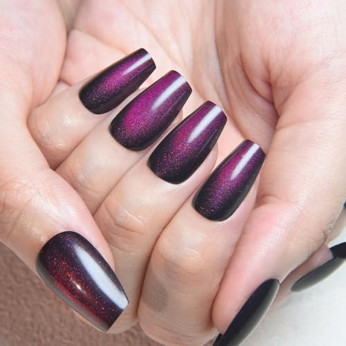 evpct Dark Purple Cat Eye Coffin Press on Nails - Glossy Reusable