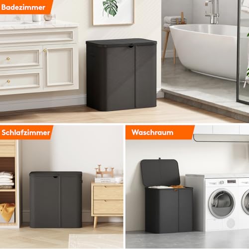 Lifewit Wäschekorb 145L mit Deckel, Großer Wäschesammler aus Kunststoff, Fächer Wäschebox Laundry Basket für Bad, Schlafzimmer, Waschraum, Schwarz