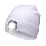 Wenjuan USB Rechargeable LED Beanie Cap, Lighting and Flashing Alarm Modes Ultra Bright 4 LED Hands Free Flashlight Unisex Winter Warmer Knit Cap Hat(White)