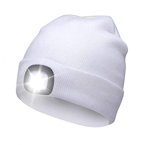 Wenjuan USB Rechargeable LED Beanie Cap, Lighting and Flashing Alarm Modes Ultra Bright 4 LED Hands Free Flashlight Unisex Winter Warmer Knit Cap Hat(White)