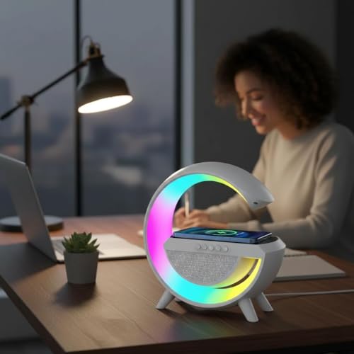 Image of G-Shape Led Wireless Charging Bluetooth Speaker with 7 Color RGB Night Light,Built-in FM Radio, Long Battery Standby, Portable Bedside Speaker for Bedroom, Office & Home