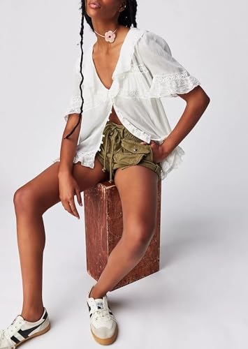 Women Ruffle Lace Trim Tops Y2k Short Sleeve Flowy Button Blouse Boho Eyelet Babydoll Top Coquette3