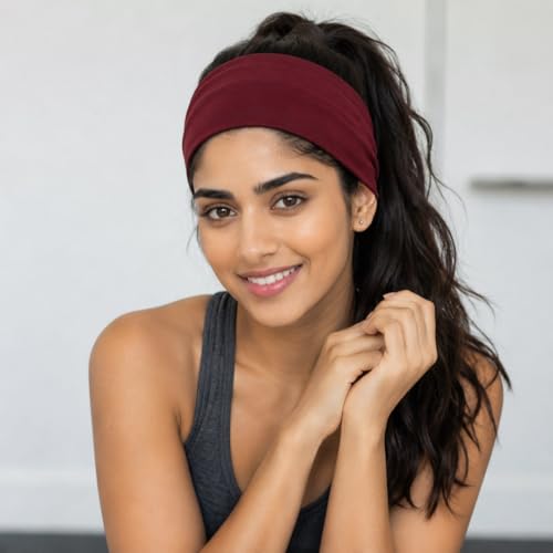 Image of XFYT Elegant Premium Workout Gym Sports Hair Band | Exercise Sweat Absorbent Breathable Yoga Headbands for Men and Women (Rose Maroon)