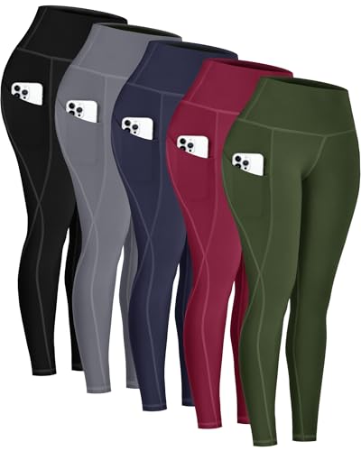5 Pack Leggings with Pockets for Women - High Waisted Tummy Control Workout Yoga Pants for Running Gym