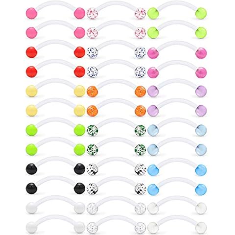 Ftovosyo 18 Pairs 14G Glitter Bioflex Flexible Acrylic Curved Barbell Snake Eyes Tongue Nipple Ring Body Piercing Jewelry Retainer 16mm Mix Color Glow in The Dark Glitter Flexible Clear Cover
