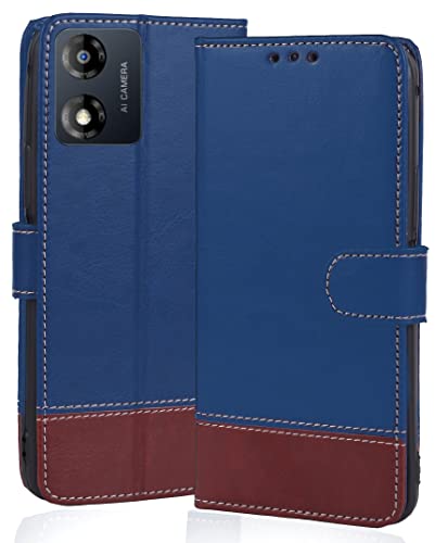 Image of Flip Back Cover Case Dual-Color Leather Finish Inbuilt Stand & Pockets Wallet Style Flip Case for Motorola Moto E13 - Blue & Brown
