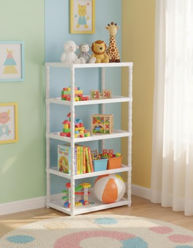 Image of FLIPZON Multipurpose 5-Shelf Plastic Storage Organizer for Clothes, Toys | Portable & Lightweight (White, 5-Tier)