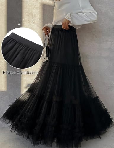 COZYPOIN Maxi Tulle Skirts for Women Elastic High Waisted A Line Long Layered Tutu Mesh Ruffles Tiered Flowy Fairy Skirt4