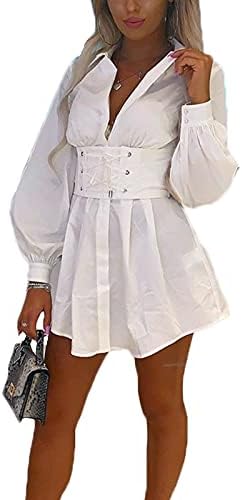 Women Button Down Mini Shirt Dress Long 
