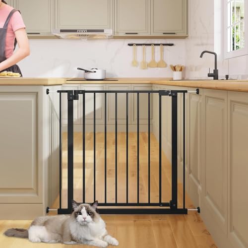 WOLTU Treppenschutzgitter 75–87 cm, Türschutzgitter aus Metall, mit/ohne Bohren, Auto-Close, 90°-Stopp, beidseitig schwenkbar, 2 Riegel, einhändig zu öffnen,Schwarz