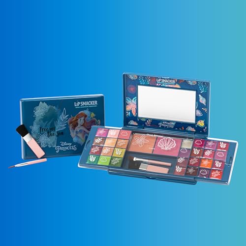 Lip Smacker Princess Ariel Beauty Palette, Make-up Geschenkset mit Buntem Lipgloss, Cremes, Rouge und Bronzer für den Perfekten Prinzessinnen-Look, Inkl. Zubehör