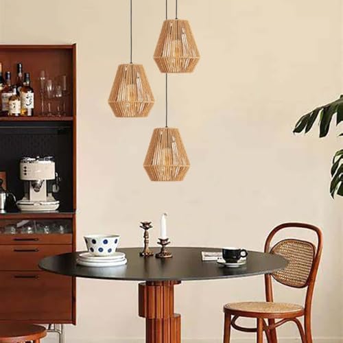 3-Piece Woven Rattan Pendant Light Bohemian Coast Pendant Light Hemp Rope Suspended Ceiling Light Willow Lighting Fixtures Suitable for Kitchen Islands Restaurants Corridors