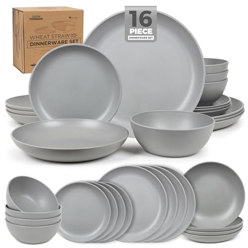 Grow Forward 16-piece Premium Wheat Straw Dinnerware Sets for 4 - Unbreakable Dishwasher & Microwave Safe Plastic Plates and Bowls Sets - Patio, Outdoors, RV, Camping Dishes - Feather