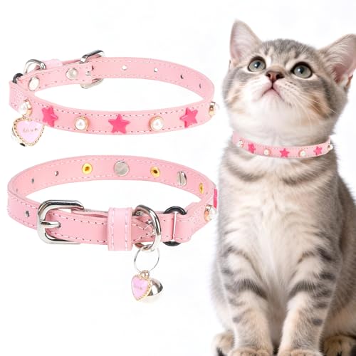 EXPAWLORER Leather Cat Collar for Girl Boy Cats,Pink(Pentagram Rivet)