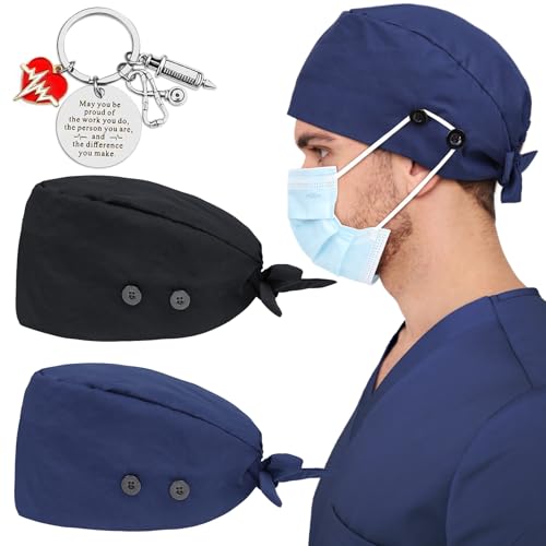 Image of 2 Pcs Satin Lined Scrub Cap Nurse Hats for Women Men 4 Buttons