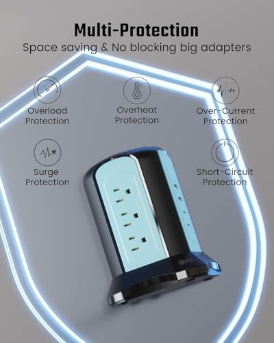 Power Strip Tower Surge Protector, SUPERDANNY Desktop Charging Station, 10 Ft Extension Cord, 9 Outlets, 4 USB Ports, 1080 Joules, 3-Prong, Grounded, Multiple Protections for Home, Office, Blue