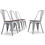 BELLEZE Stackable Metal Dining Room Chairs with Wood Seat, Indoor Outdoor Weather Resistant...