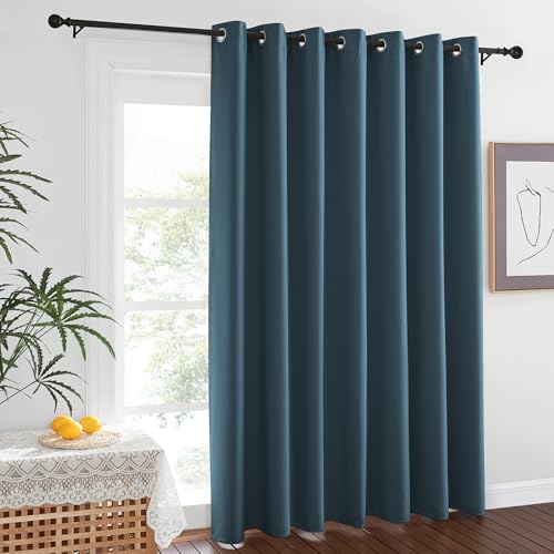 NICETOWN Window Treatment Sliding Door Curtain - Thermal Insulated Width Solid Blackout Patio Glass Door Drape, Extra Wide Draperies (Smoky Blue, 100 inches Wide x 84 inches Long)