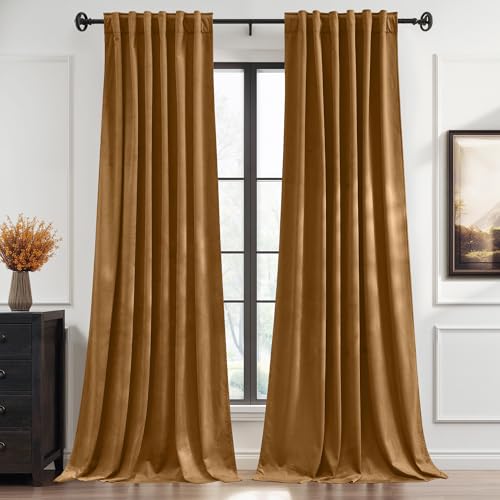 Image of StangH Mustard Gold Velvet Curtains 90 Inch Length, Luxury Soft Ochre Drapes for Creative Studio, Thermal Insulated Energy Saving Window Panels, W52 x L90, 2 Panels