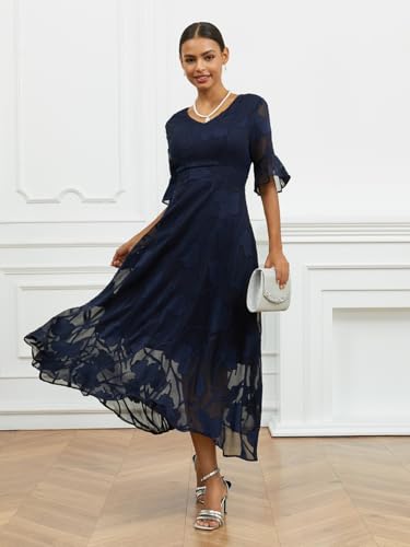 Summer Maxi Dresses for Women 2025 Casual Flutter Sleeve V Neck Cocktail Dress Smocked Elegant Ruffle A-Line Flowy Lace Dress2