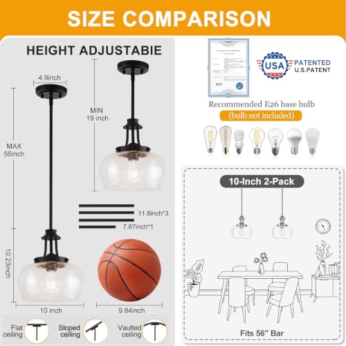 Image of Modern Pendant Lights Kitchen Island, Matte Black Pendant Light Fixtures with 10 inch Clear Air Bubble Glass Shade, Industrial Hanging Pendant Lights Fixture for Kitchen Island Dining Room Entryway