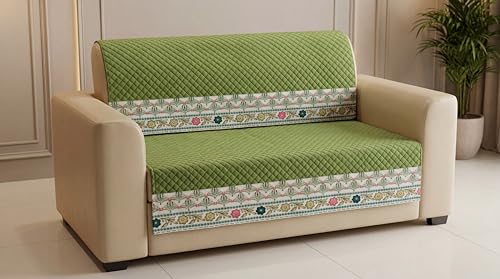Image of KINGLY Sofa Cover 5 Seater 3+2 Velvet Full Cover - Olive Green | Fully covered quilted velvet slipcover, washable anti-slip thick furniture protector for 3+2 living room sofa