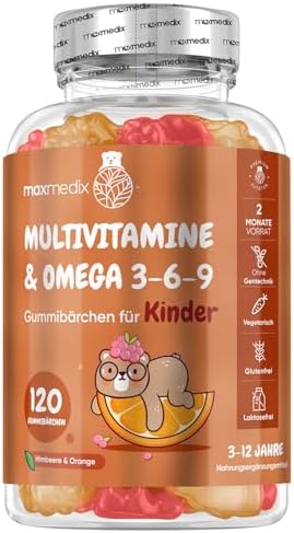 maxmedix Multivitamin Gummibärchen für Kinder - Mit Omega 3 6 9 & Vitamin C | 120 Multivitamin Kinder Gummies, Vitamin D3, B7, B12, E, B1, B2, B3, B5, B9 Jod, Zink, Mit Himbeer & O