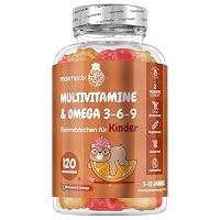 Multivitamin Gummibärchen für Kinder - Mit Omega 3 6 9, Vitamin C - 120 Multivitamin Kinder Gummies - Vitamin D3, B7, B12, E, B1, B2, B3, B5, B9 Jod, Zink - Mit Himbeer & Orangengeschmack - maxmedix