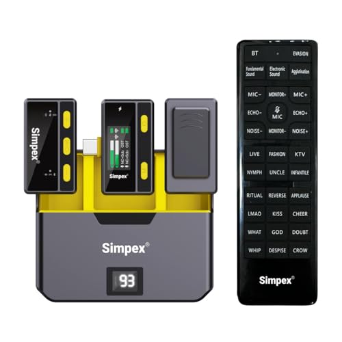Image of Simpex (Mic-072 Wireless Microphone System with Remote & Noise Cancellation, 12 Sound Effects, 3 Voice Modes, 50m Range, Use with iPhone /Android & DSLR Camera for Vlogs, Interview & Podcasts