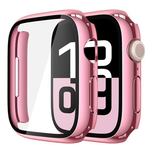 Image of Misxi 2 Pack Tempered Glass Case Compatible for Apple Watch Series 11 (2025) Series 10 42mm, Hard PC Screen Protector Overall Protection Scratch-Resistant Cover for iWatch, 1 Rose Pink + 1 Transparent