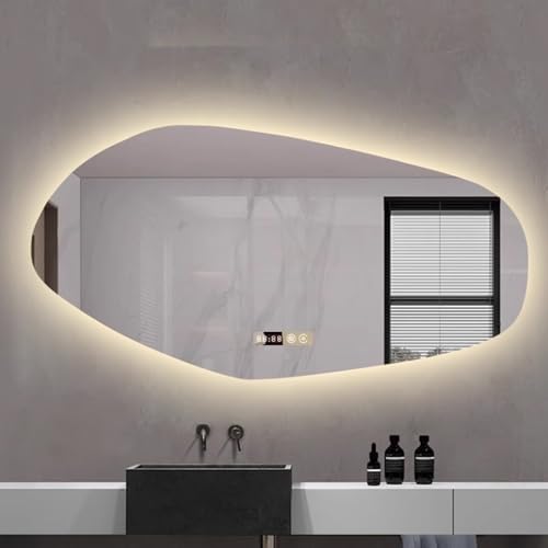 SXFSDOU LED Bathroom Mirror, Modern Backlit Wall Mounted Mirror with Anti-Fog Film, Adjustable Time and Temperature Display, Frameless Design