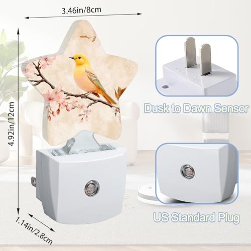 Image of Bird Vintage Nightlight,Pink Cherry Blossoms Star Night Lights Plug into Wall Decorations for Bedroom Bathroom,Dusk to Dawn Sensor Kitchen Hallway Stairs Energy Efficient Desk Lamp