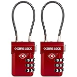 SURE LOCK TSA Approved Cable Luggage Lock TSA Locks for Luggage with Visual Inspection Indicator, Resettable 3-Digit Combination, Zinc Alloy Body for Suitcases, Backpacks, Gym Lockers(RED 2 Pack)