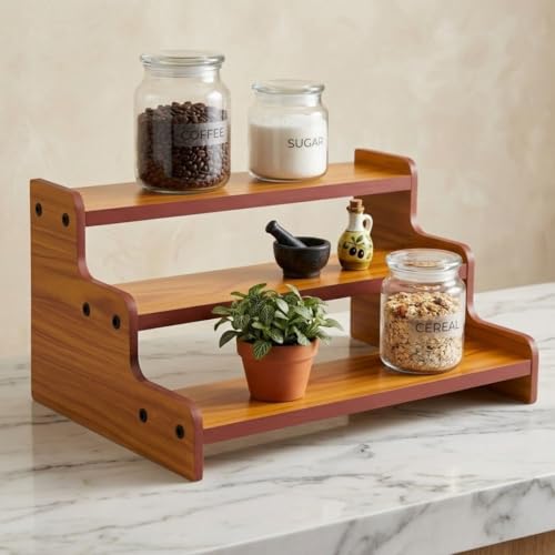 Image of 13.8-Inch Wooden 3-Tier Spice Rack Organizer, Countertop Step Shelf for Kitchen Pantry Cabinets, Seasoning Jars, and Baking Supplies