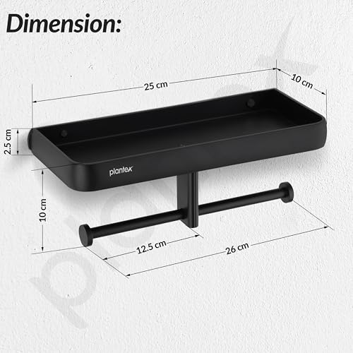 Image of Plantex Self Adhesive Aluminium Dual Toilet Paper Holder for Bathroom /Tissue Paper Roll Holder with Mobile Stand /Toilet Paper Roll Holder /Bathroom Accessories - (Black)