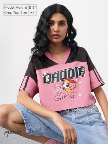 Image of The Souled Store Powerpuff Girls: Baddie Women and Girls Short Sleeves V-Neck Pink Graphic Printed Cotton Lightweight Casual Streetwear Oversized Cropped T-Shirt