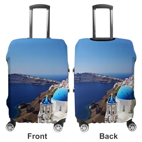 Santorini Greek Island Sea View Elastic Luggage Cover Suitcase Protector for 19-32 Inch Suitcases | Universal Stretchable Travel Bag Cover | Anti-Scratch, Washable with Zipper Closure M3