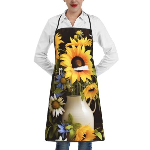 Tablier de cuisine imprimé tournesols résistant à l'eau et à l'huile avec grande poche