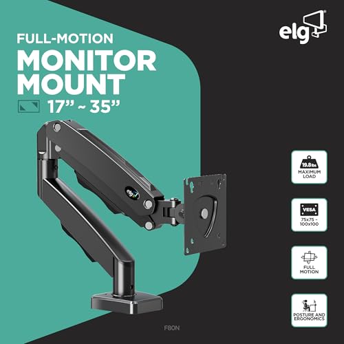 Image of ELG F80N-Single Monitor Desk Mount, 360 Degree,Adjustable Gas Spring Monitor Arm Support 17Inch-35 Inch Screen, Computer Monitors Stand with Clamp /Grommet Mounting Base, VESA Mounts Fit,2Kg-9Kg,Black