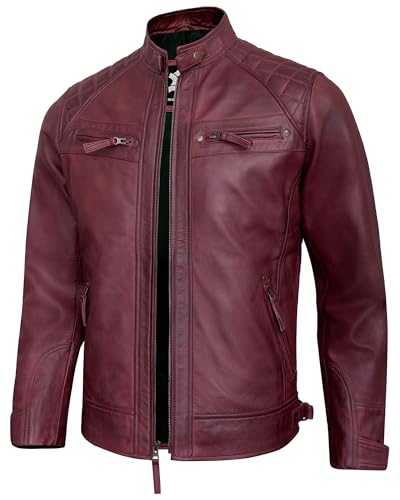 Image of Leather Jacket Men - Real Lambskin Motorcycle Jacket with Snap Tab Collar, Adjustable Waist & Zippered Pockets