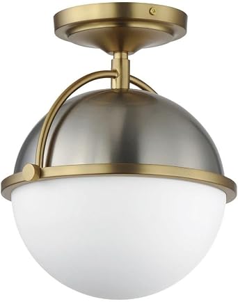 Maxim Lighting Duke 1-Light Semi-Flush Mount Ceiling Light | Satin Nickel/Satin Brass Finish | Satin White Glass Shade | Modern Semi-Flush Mount for Foyers and Bedrooms | 12410SWSNSBR