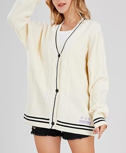 loveimgs Women's Cardigan Open Front Stars Embroideried Cable Knit Sweaters Button Down V Neck Sweater2