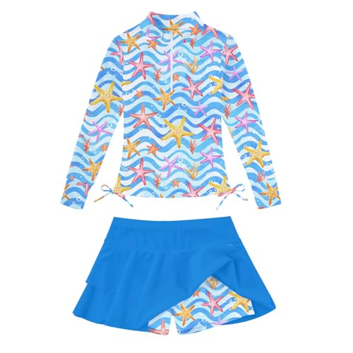 Image of Vogseek 3-12T Girls Swimsuit Long Sleeve Rashguard Bathing Suits Swim Set | Quick Dry, UPF 50+ Sun Protection, Swimming Skirt, Boyshorts, Zipper Two Piece Long Sleeve Swimsuits, Adjustable Drawstring