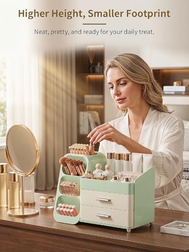 Image of Booklov Makeup Organizer for Vanity, Large Capacity Cosmetic Display Case with Drawers, Countertop Beauty Storage Holder for Skincare, Brush Eyeliner Eyeshadow Lipsticks, Counter Desk, Cream Green