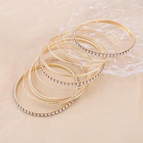 Gold Bangle Bracelet Set Thin Circle Bangle Collection Indian Bollywood Diamond Bangles Metal Texture Rhinestone Tennis Bracelet Wedding Outfit Jewelry for Women (22 Pcs)2