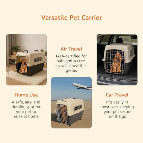 Image of Amazon Basics Heavy Duty Pet Airline Carrier | IATA Approved Medium Pet Carrier | Travel Pet Kennel | Suitable for Medium Size Dogs | Breathable & Washable | 32 Inches